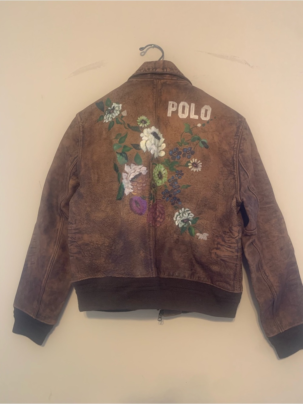 Polo by Ralph Lauren Brown Leather Bomber Jacket with Floral Embroidery